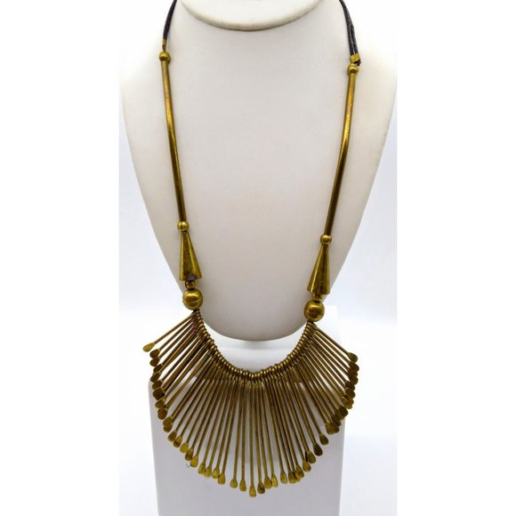 Vintage Dramatic Statement Necklace, Tribal Brass Paddle Fringe Bib with Hook - Picture 2 of 4